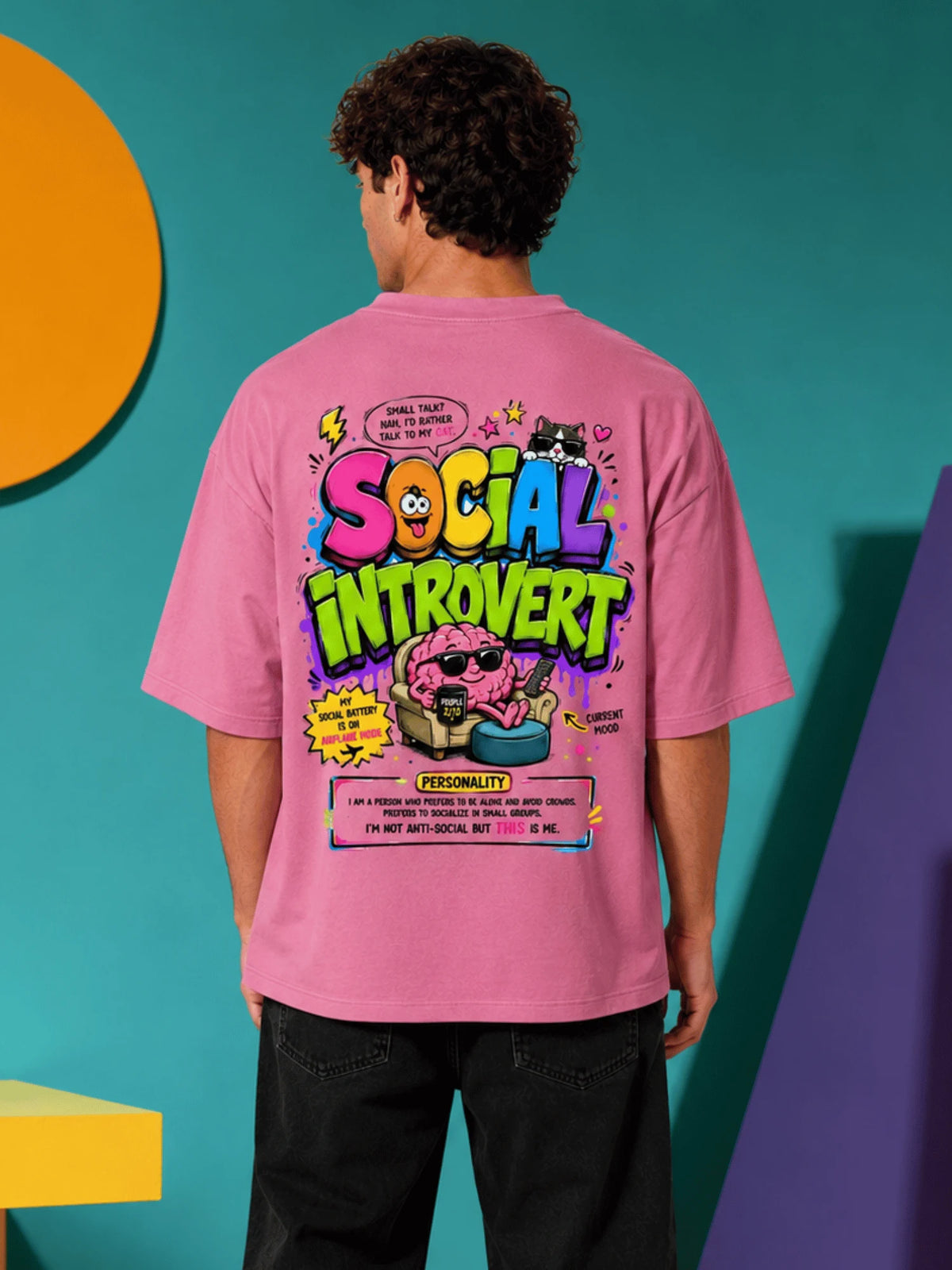 Excello Men's 'Social Introvert' Graphic Oversized T-Shirt | Rose Pink
