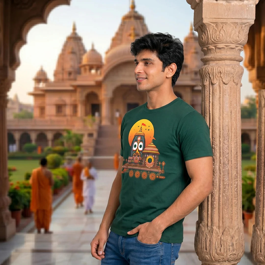 Premium Men's Pure Cotton Lord Jagannath Face & Rath Yatra Chariot Graphic T-Shirt