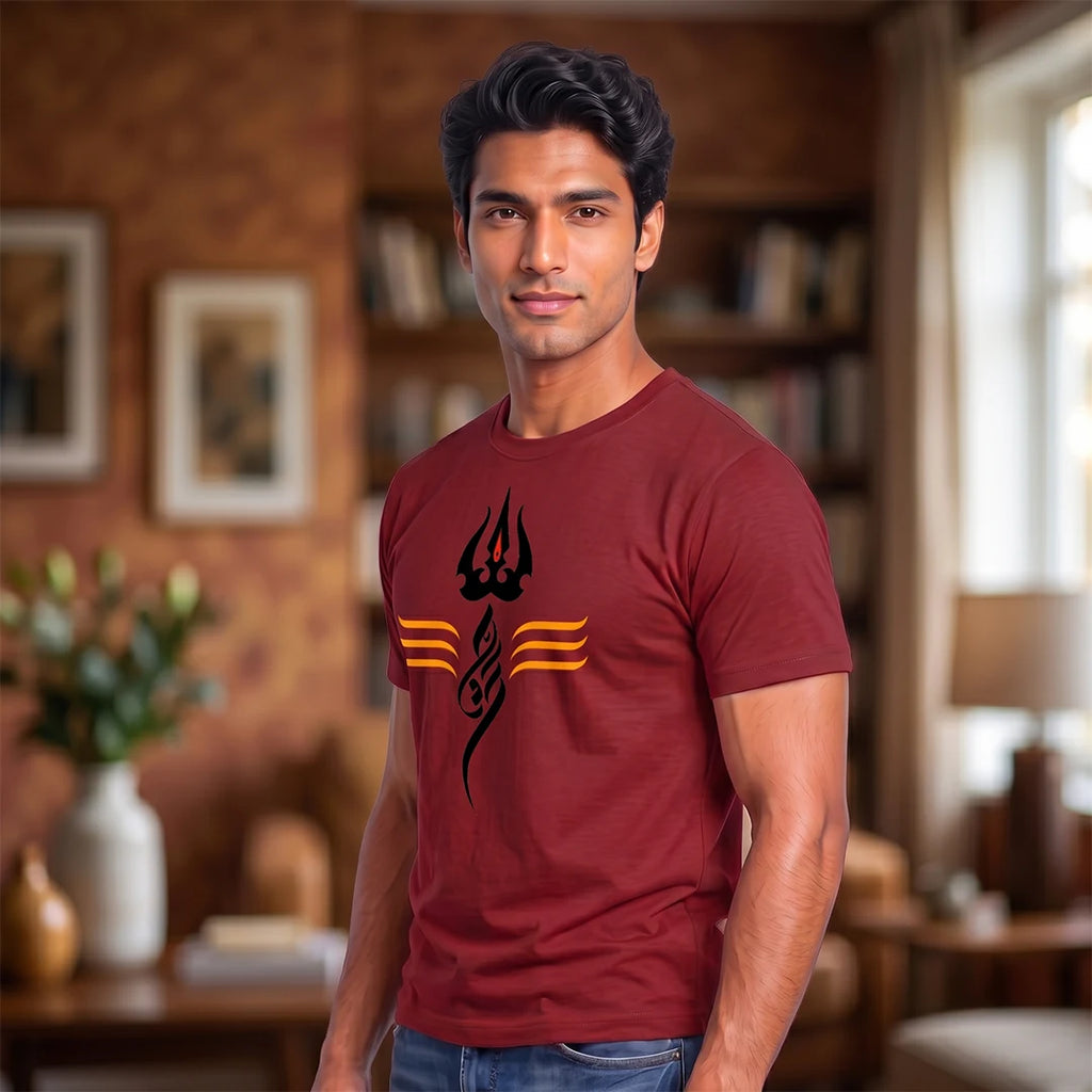 Men's Pure Cotton Regular Fit Mahadev Trishul Tilak Printed T-Shirt | 180 GSM Bio-Washed Spiritual Graphic Tee