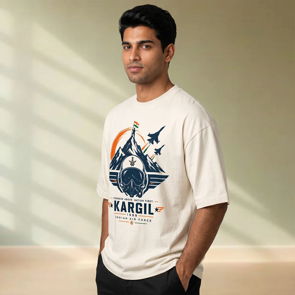 Men's Oversized Graphic T-Shirt - Kargil 1999 Indian Air Force Tribute, 240 GSM Pure Cotton, Bio-Washed