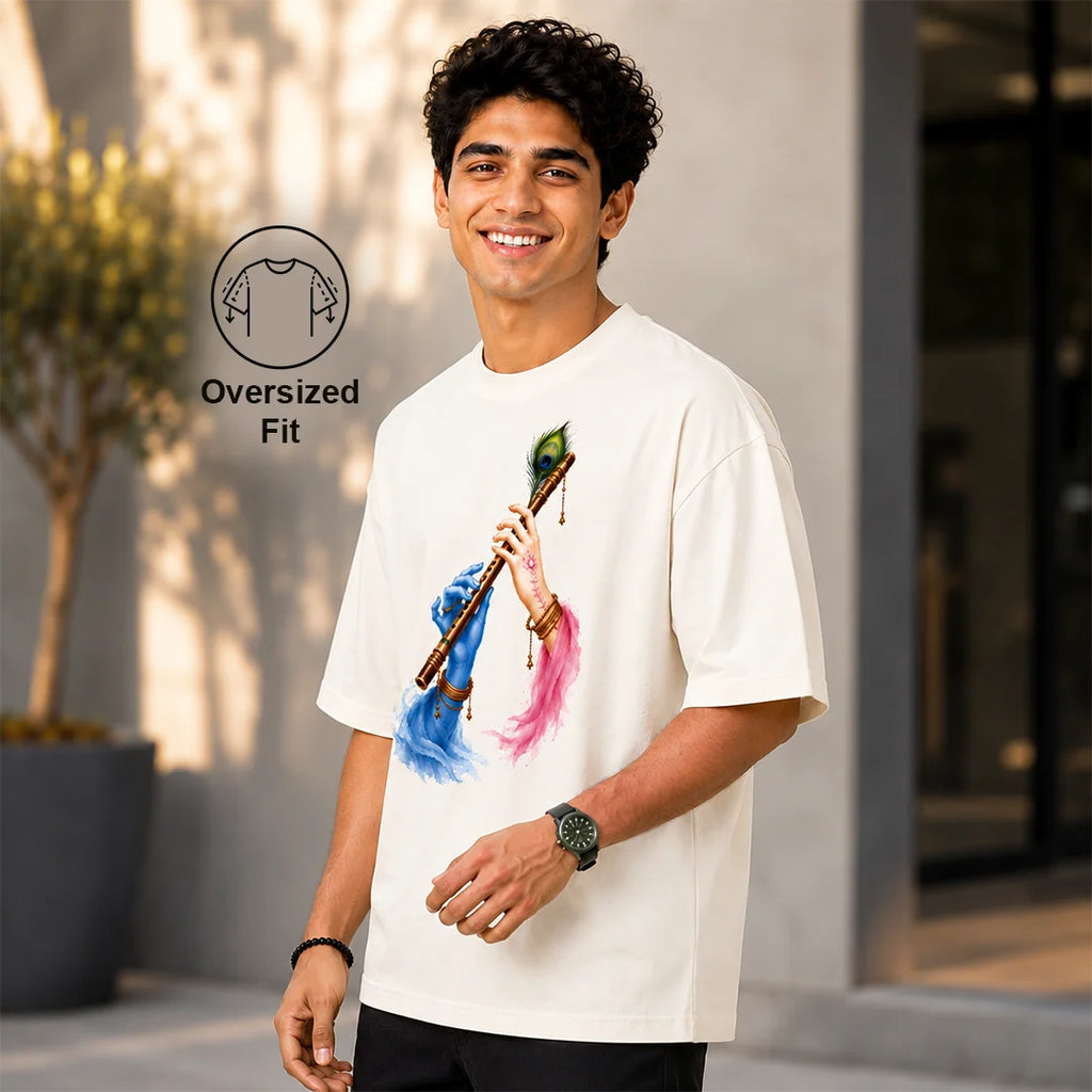 Excello Men's Divine Radha Krishna Flute Graphic Oversized T-Shirt - 240 GSM Pure Cotton, Bio-Washed