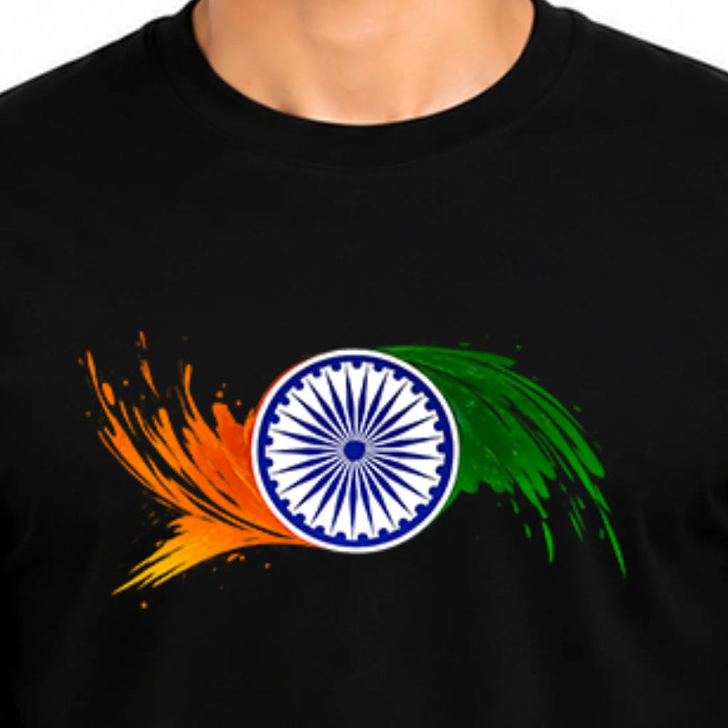 Premium Patriotic Ashoka Chakra T-Shirt | 180 GSM Pure Cotton, Bio-Washed Regular Fit