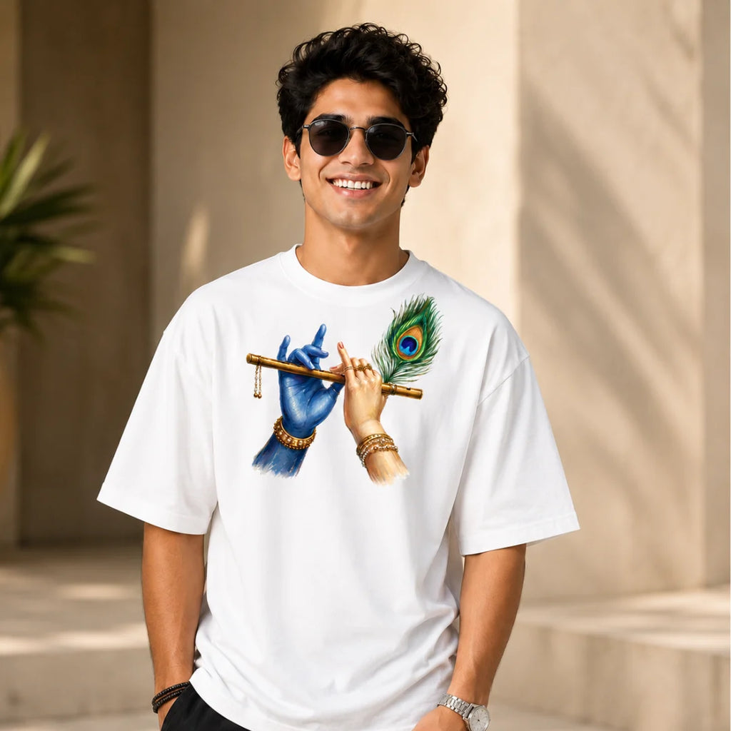 Excello Men's Divine Krishna Flute Graphic Oversized T-Shirt - 240 GSM Pure Cotton, Bio-Washed