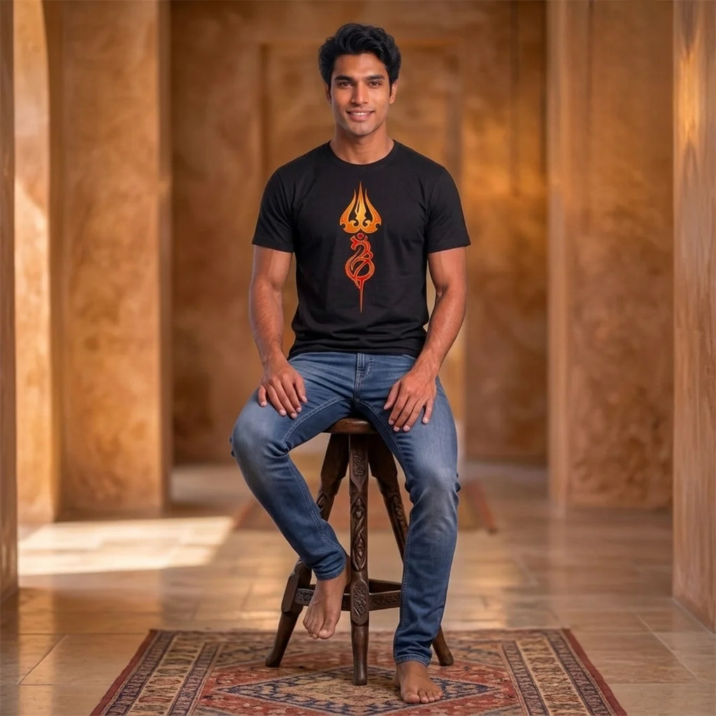 Men's Pure Cotton Regular Fit Mahadev Trishul Om Printed T-Shirt | 180 GSM Bio-Washed Spiritual Graphic Tee