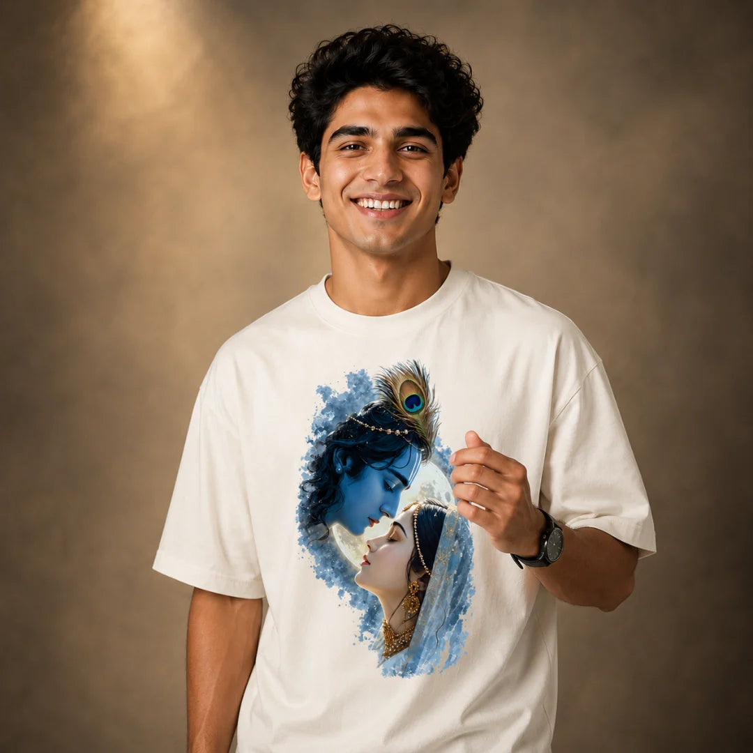 Excello Men's Divine Radha Krishna Graphic Oversized T-Shirt - 240 GSM Pure Cotton, Bio-Washed