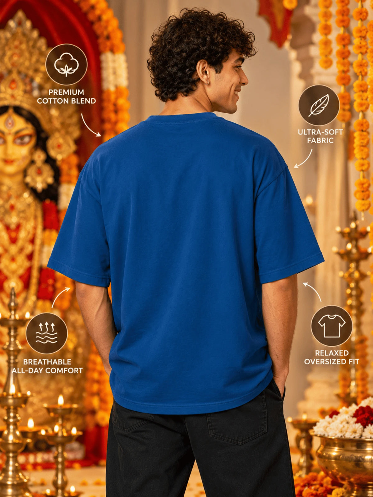 Excello Men's Divine Maa Durga Portrait Graphic Oversized T-Shirt | Air Force Blue