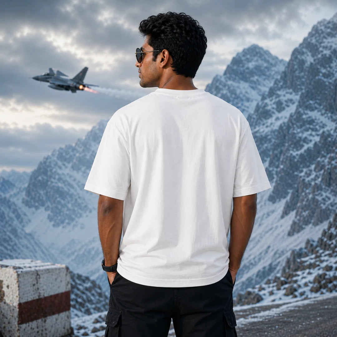 Men's Oversized Graphic T-Shirt - Kargil Indian Air Force Tribute, 240 GSM Pure Cotton, Bio-Washed