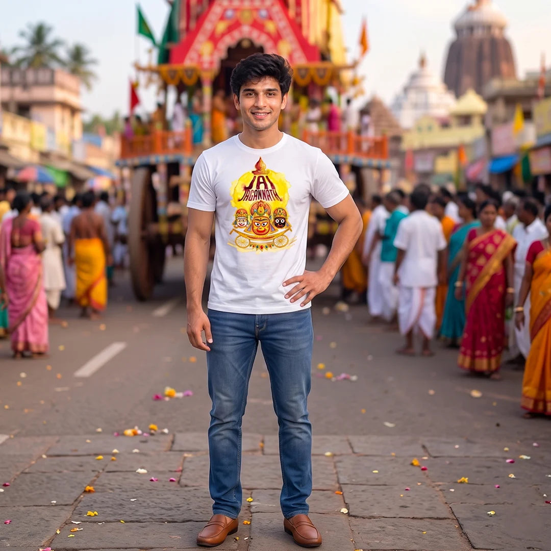 Men's Pure Cotton Jai Jagannath Holy Trinity Graphic Printed T-Shirt