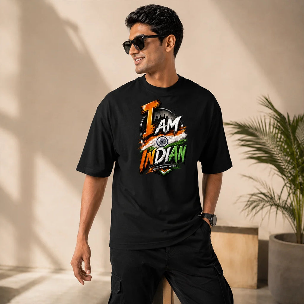 Men's "I Am Indian" Pride Oversized Graphic T-Shirt - 240 GSM Pure Cotton, Bio-Washed