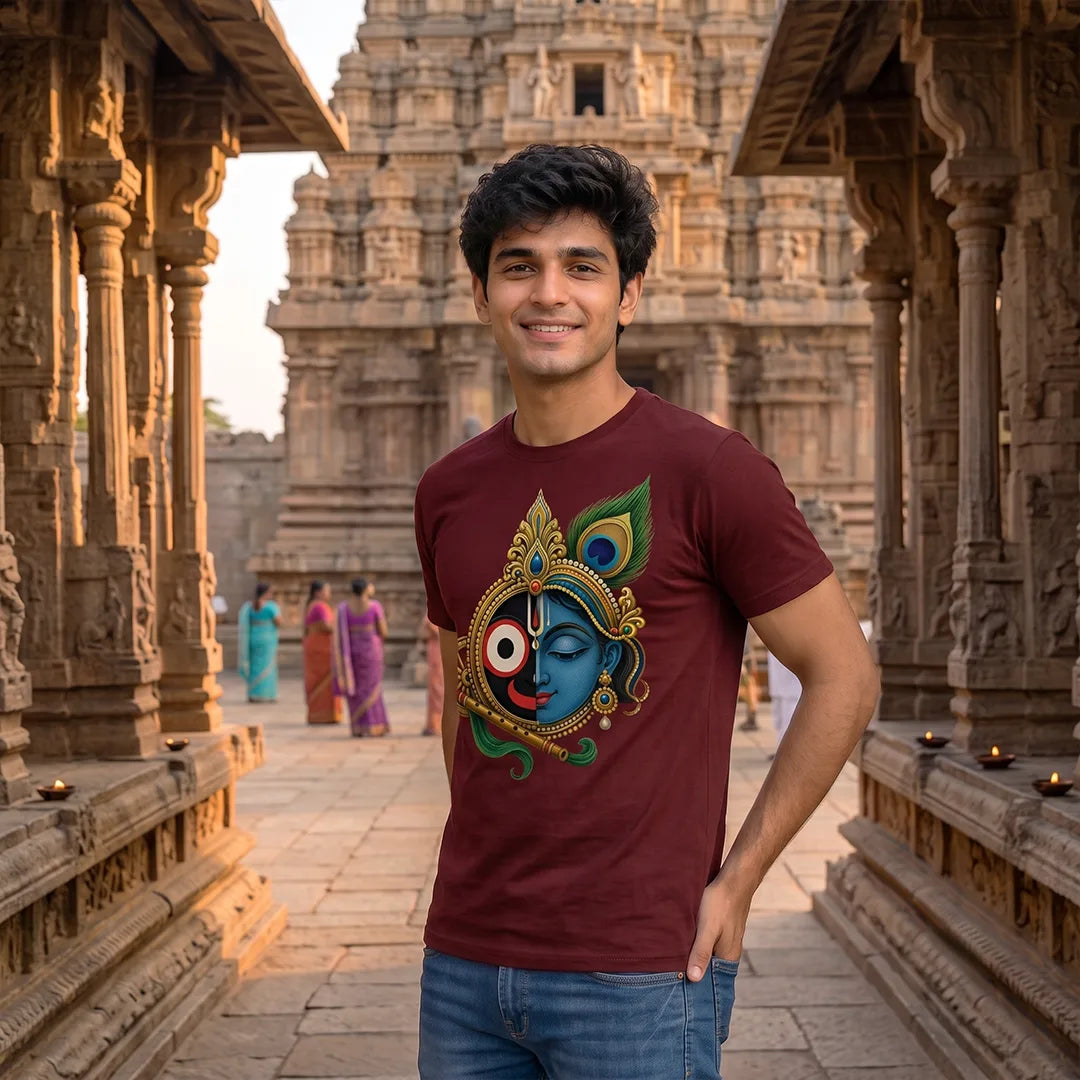 Men's Pure Cotton Lord Jagannath & Sri Krishna Fusion Graphic Printed T-Shirt