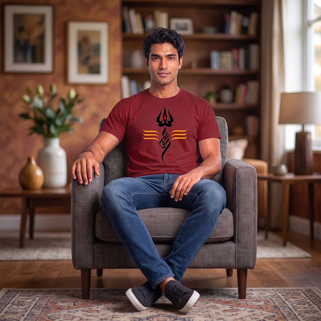 Men's Pure Cotton Regular Fit Mahadev Trishul Tilak Printed T-Shirt | 180 GSM Bio-Washed Spiritual Graphic Tee