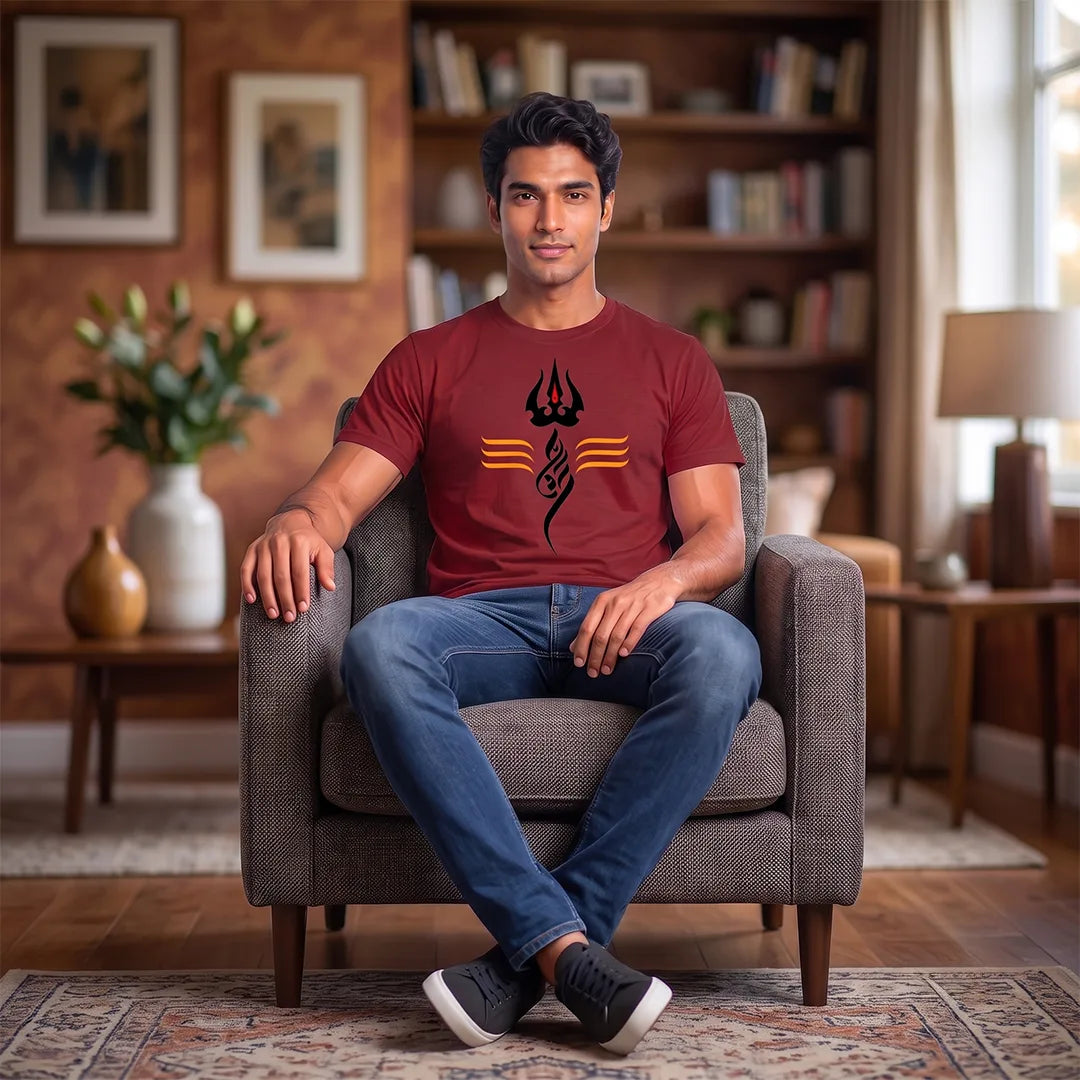 Men's Pure Cotton Regular Fit Mahadev Trishul Tilak Printed T-Shirt | 180 GSM Bio-Washed Spiritual Graphic Tee