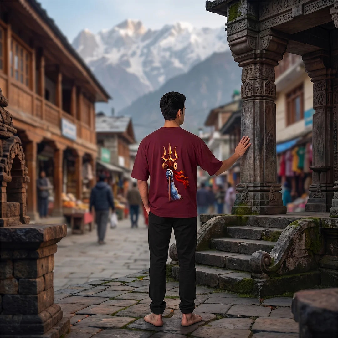 Men's Pure Cotton Oversized Printed T-Shirt | Lord Shiva Mahadev Trishul Graphic Print Drop Shoulder Loose Fit Crew Neck Tee