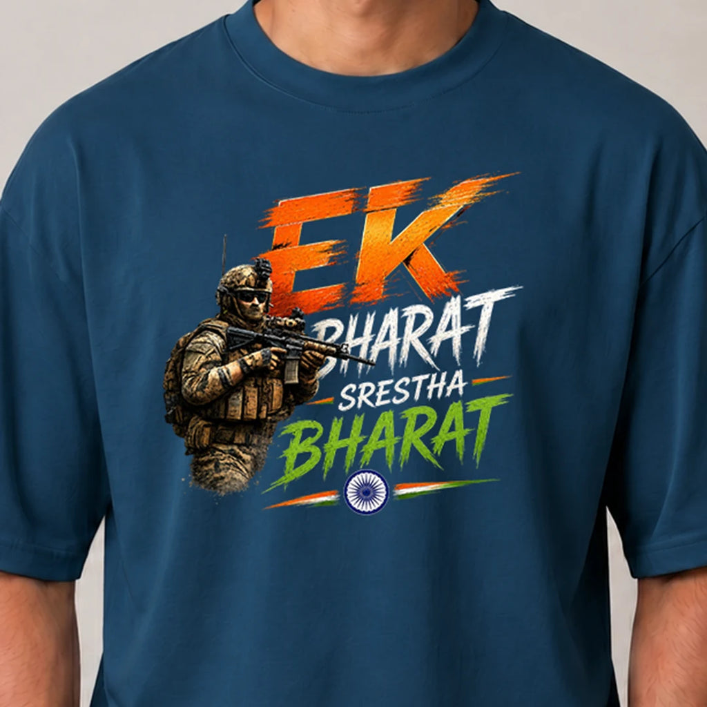 Men's "Ek Bharat Srestha Bharat" Oversized Graphic T-Shirt - 240 GSM Pure Cotton, Bio-Washed