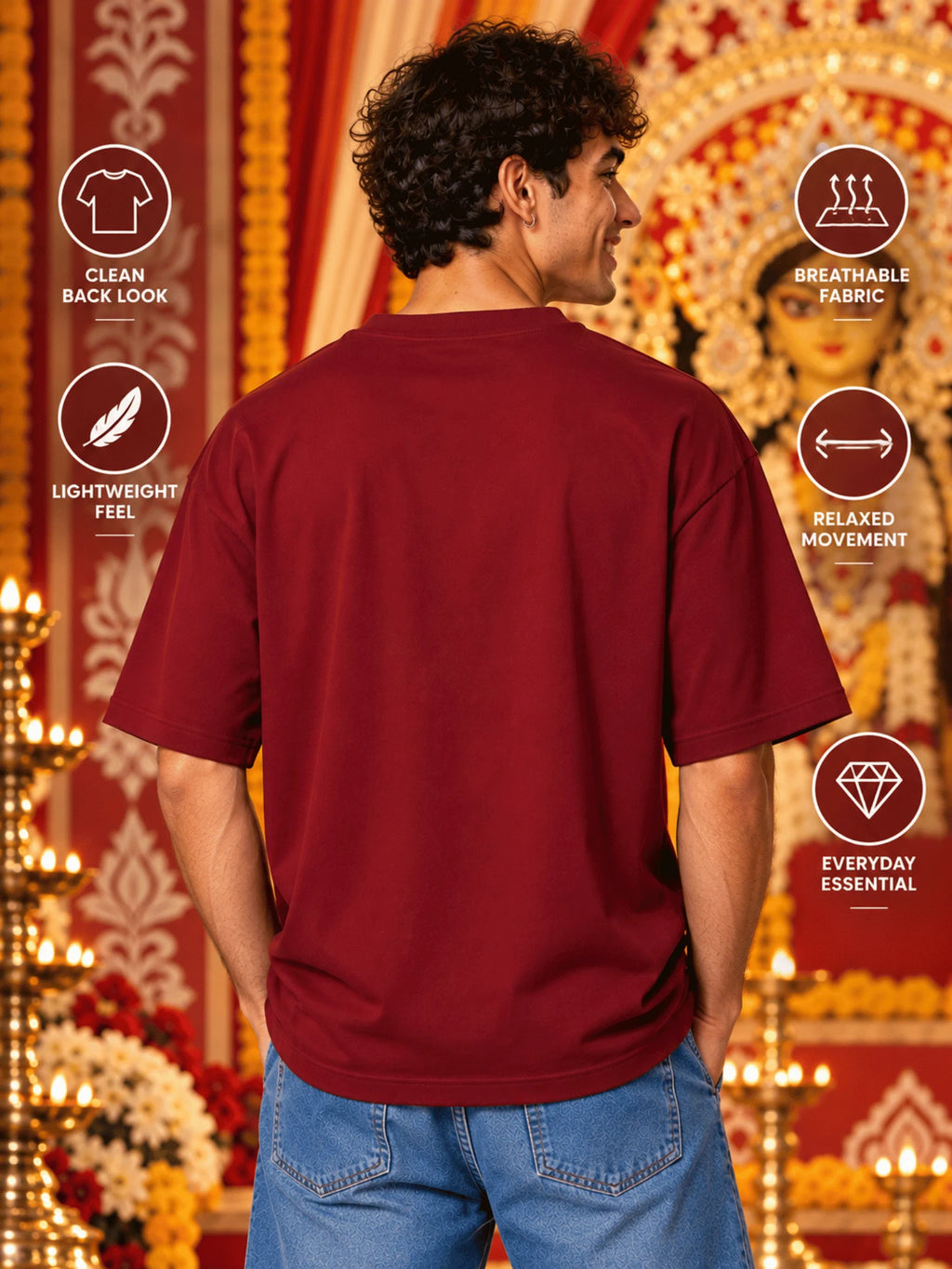 Excello Men's Divine Goddess Golden Profile Graphic Oversized T-Shirt | Maroon