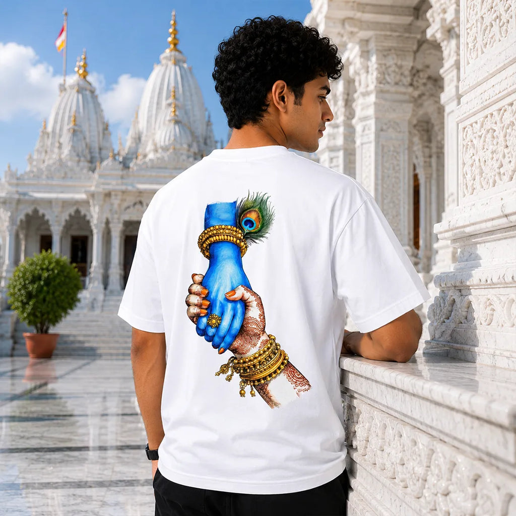 Excello Men's Jai Shree Krishna Divine Graphic Oversized T-Shirt - 240 GSM Pure Cotton, Bio-Washed