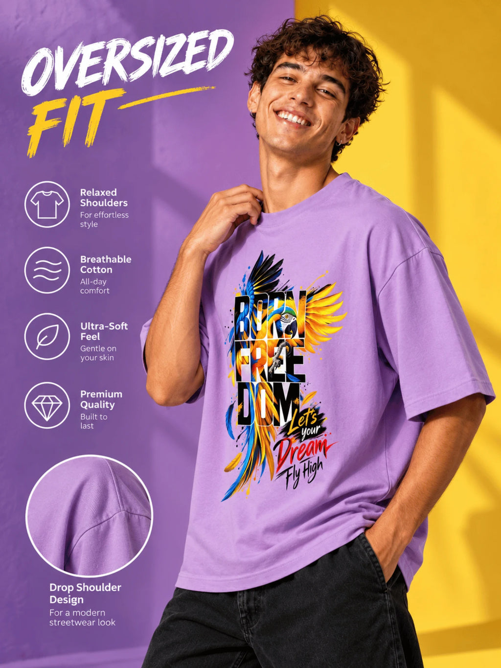 Excello Men's 'Born Freedom' Bird Graphic Oversized T-Shirt | Lavender