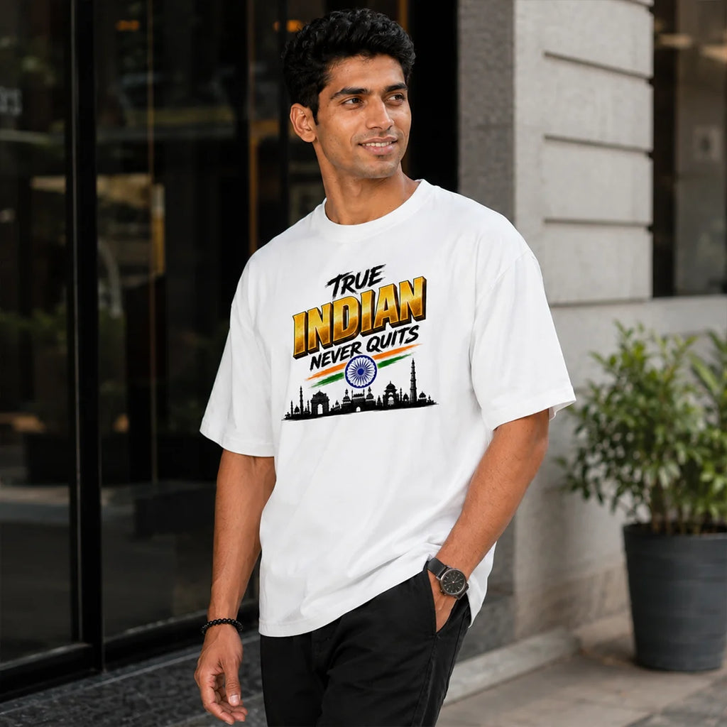 Men's "True Indian Never Quits" Oversized Graphic T-Shirt - 240 GSM Pure Cotton, Bio-Washed