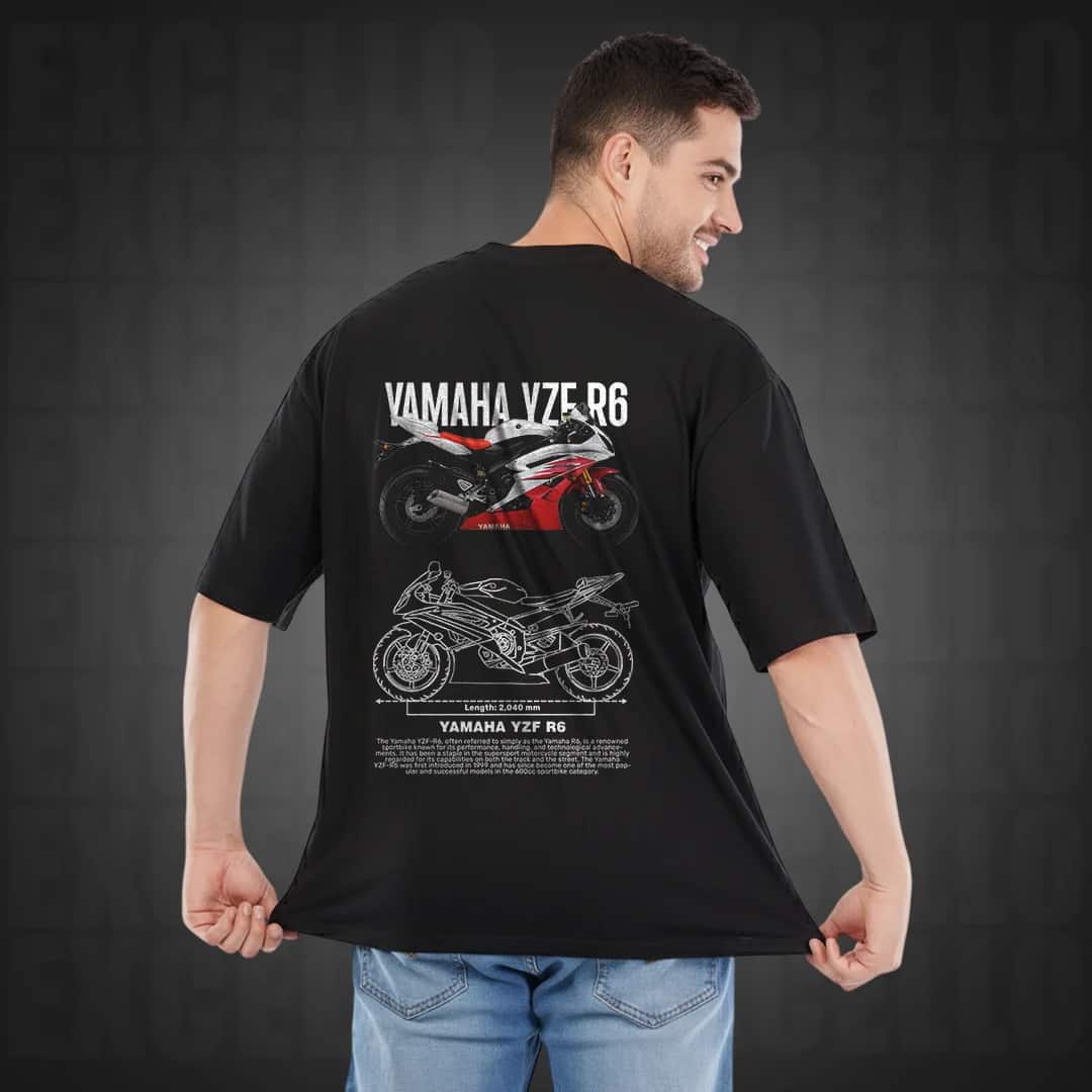 Yamaha YZF R6 Oversized Black T-Shirt for Men - Premium 240 GSM Rich Cotton Biker Graphic Tee