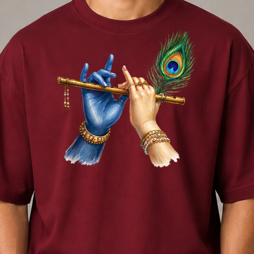 Excello Men's Divine Krishna Flute Graphic Oversized T-Shirt - 240 GSM Pure Cotton, Bio-Washed