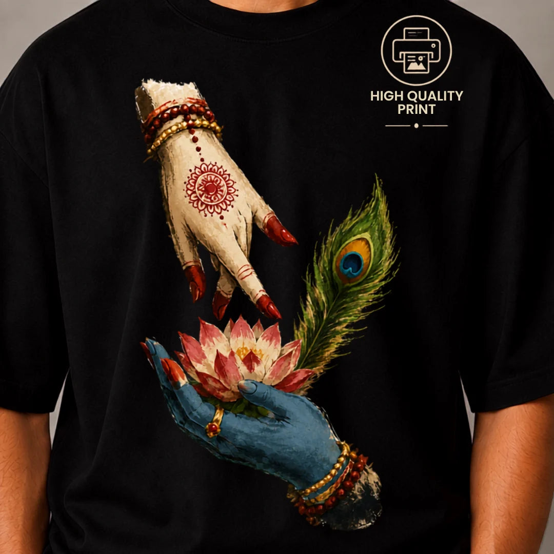 Excello Men's Divine Radha Krishna Lotus Graphic Oversized T-Shirt - 240 GSM Pure Cotton, Bio-Washed