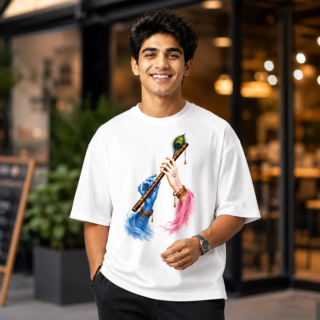 Excello Men's Divine Radha Krishna Flute Graphic Oversized T-Shirt - 240 GSM Pure Cotton, Bio-Washed