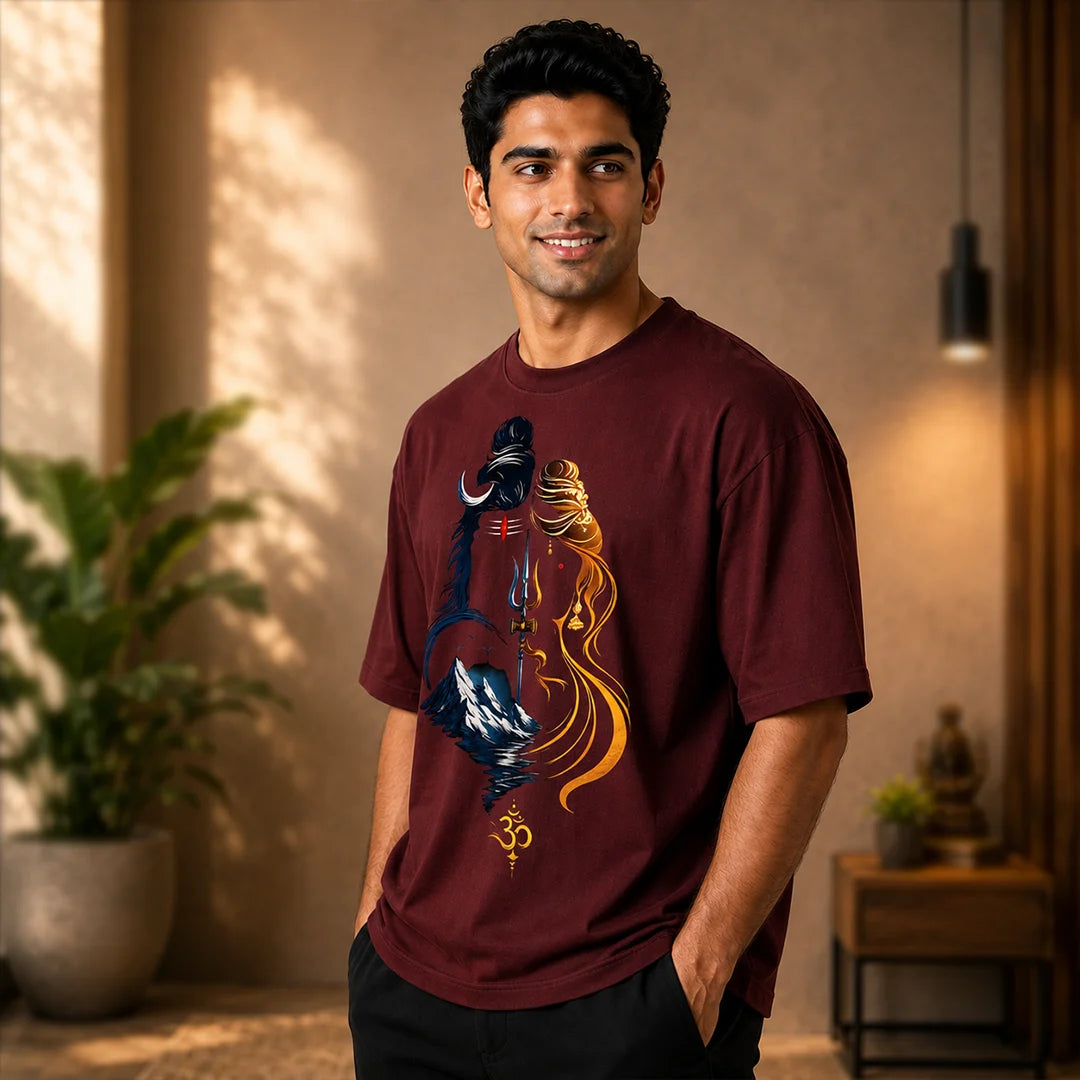 Men's Divine Ardhanareshvara Oversized Graphic T-Shirt - 240 GSM Pure Cotton, Bio-Washed