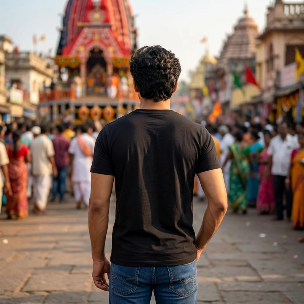 Premium Men's Pure Cotton Lord Jagannath Face & Rath Yatra Chariot Graphic T-Shirt