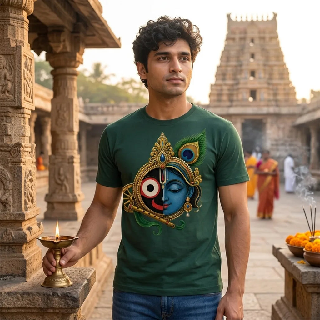 Men's Pure Cotton Lord Jagannath & Sri Krishna Fusion Graphic Printed T-Shirt