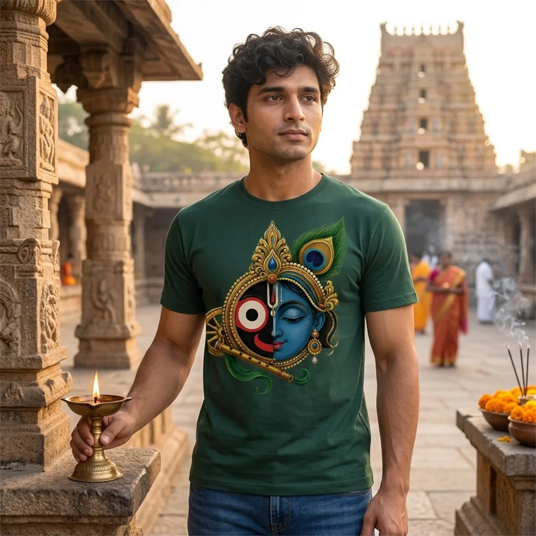 Men's Pure Cotton Lord Jagannath & Sri Krishna Fusion Graphic Printed T-Shirt