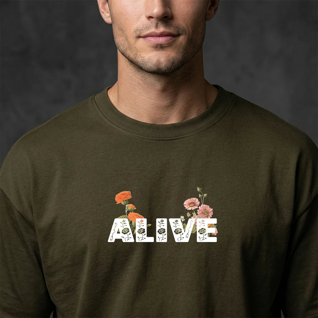 "Alive" Memento Mori Floral Skull Oversized T-Shirt – Olive Green