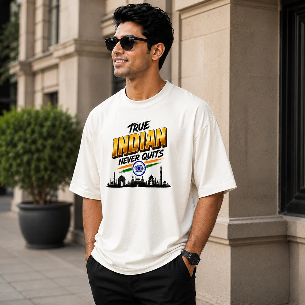 Men's "True Indian Never Quits" Oversized Graphic T-Shirt - 240 GSM Pure Cotton, Bio-Washed