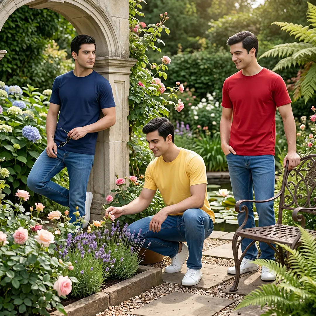 Premium Men’s Round Neck Pure Cotton T-Shirt Combo – 180 GSM Biowashed Regular Fit Half Sleeve Tees (Pack of 3)