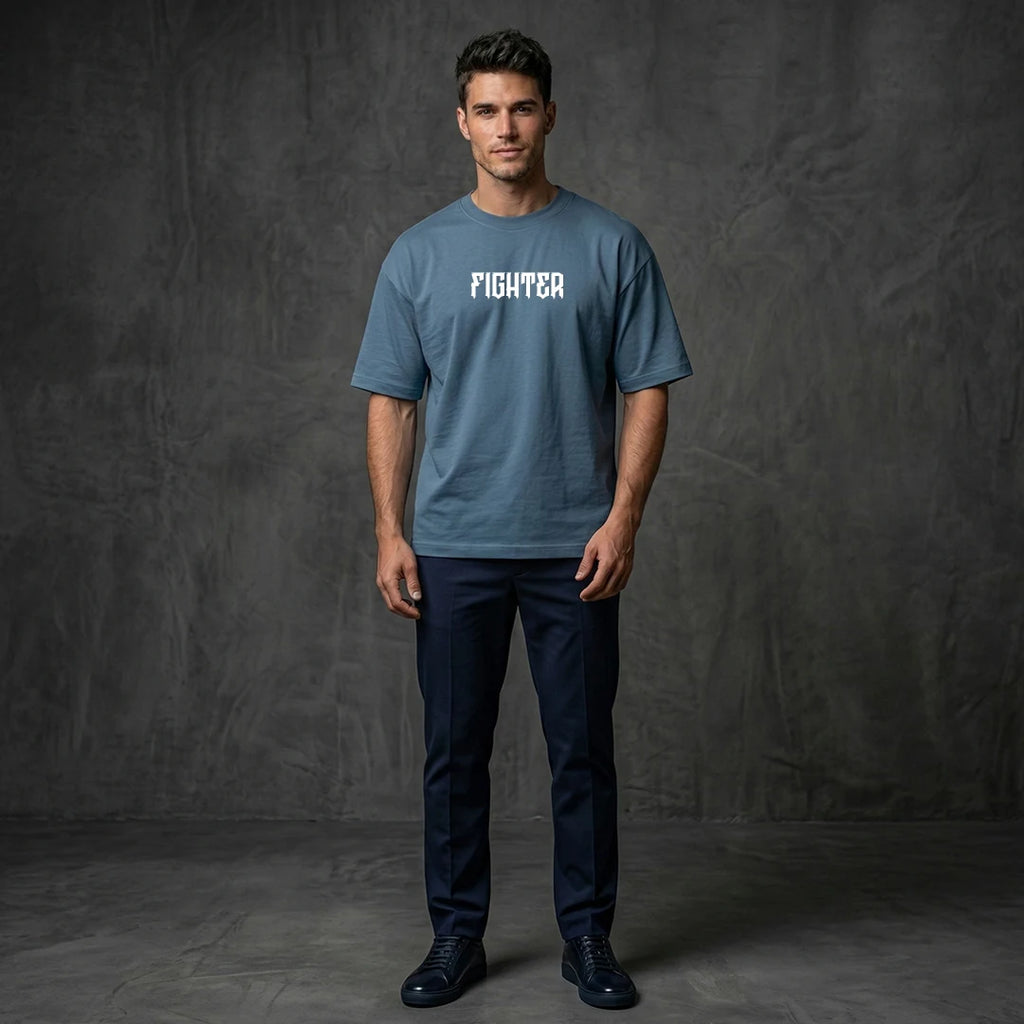 "Victorious Fighter" Graphic Oversized T-Shirt – Steel Blue