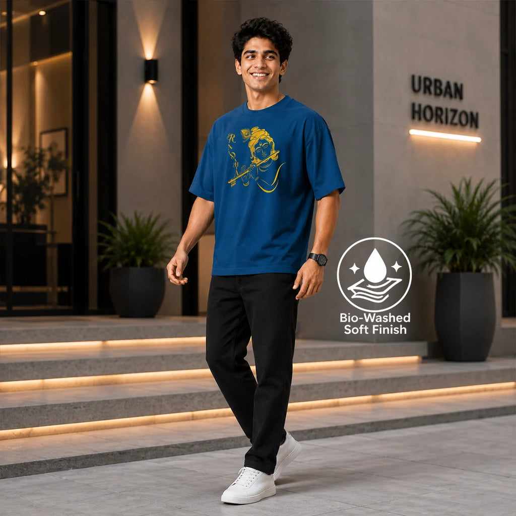 Excello Men's Radha Krishna Line Art Graphic Oversized T-Shirt - 240 GSM Pure Cotton, Bio-Washed