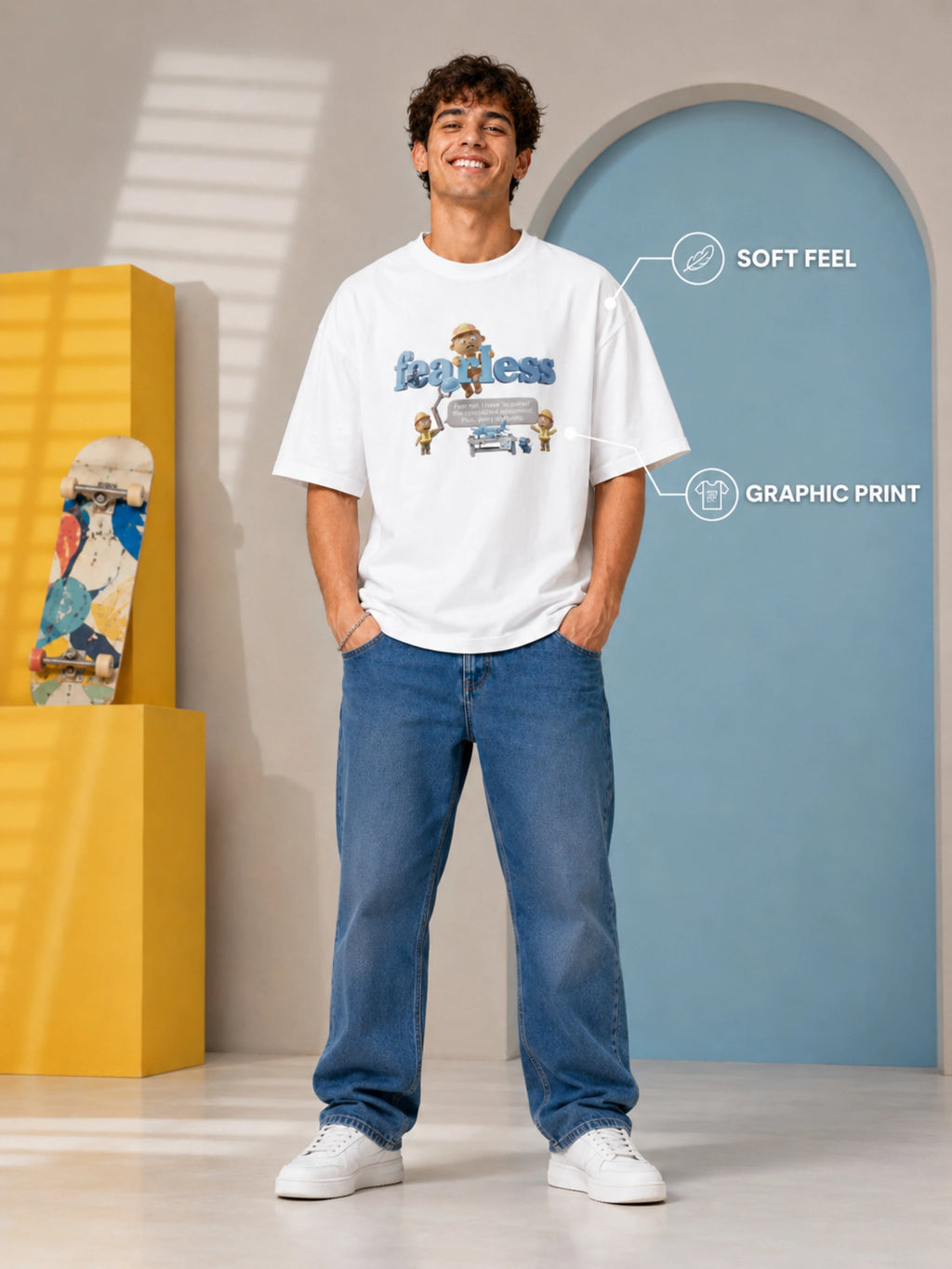 Excello Men's Oversized Graphic T-Shirt - 240 GSM Pure Cotton, Biowashed Drop Shoulder Tee