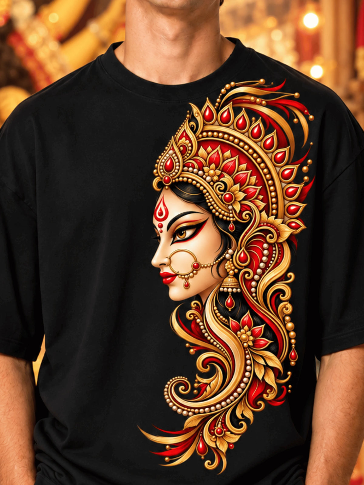 Excello Men's Divine Goddess Golden Profile Graphic Oversized T-Shirt | Black