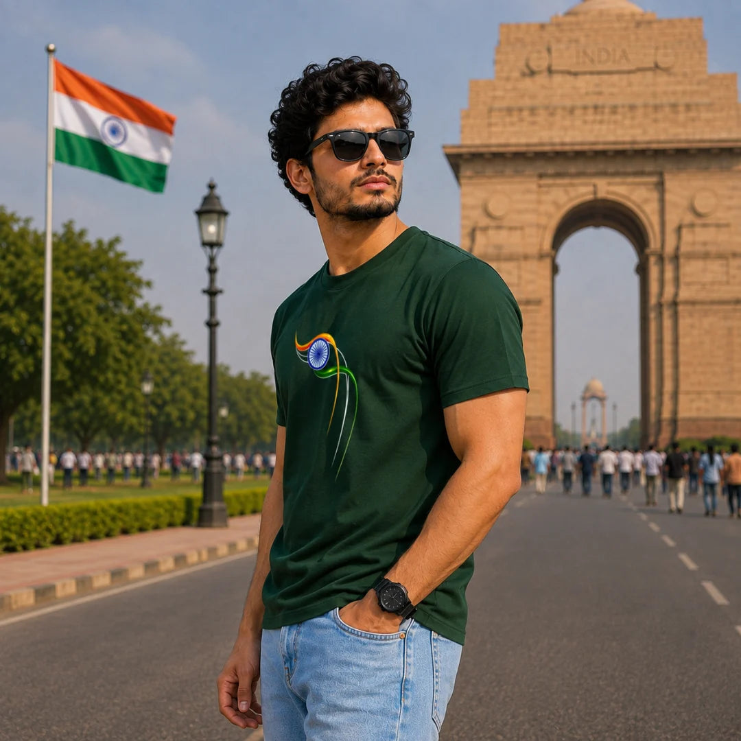 Excello Men's Patriotic Ashoka Chakra Graphic T-Shirt | 180 GSM Pure Cotton | Double Bio-Washed | Premium DTF Print