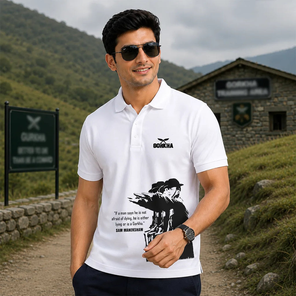 Men's Premium Gorkha Graphic Polo T-Shirt - Sam Manekshaw DTF Print, 210 GSM Nano Poly