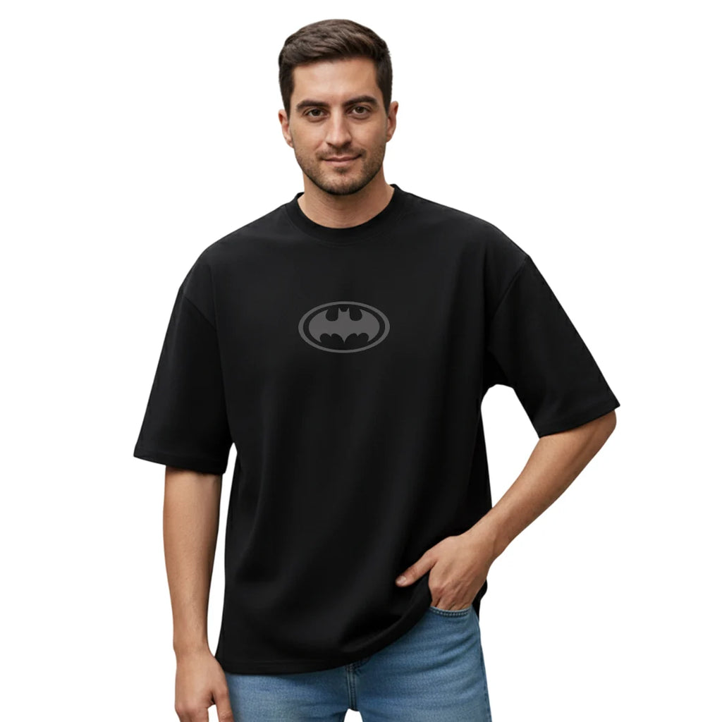 Men's Black Oversized Batman Graphic T-Shirt - 240 GSM Pure Cotton Biowashed Streetwear