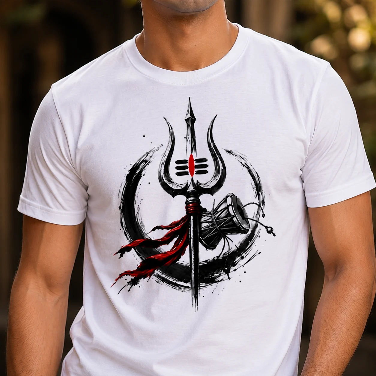 Men's Pure Cotton Regular Fit Mahadev Trishul Damru Graphic T-Shirt | 180 GSM Bio-Washed Spiritual Casual Tee