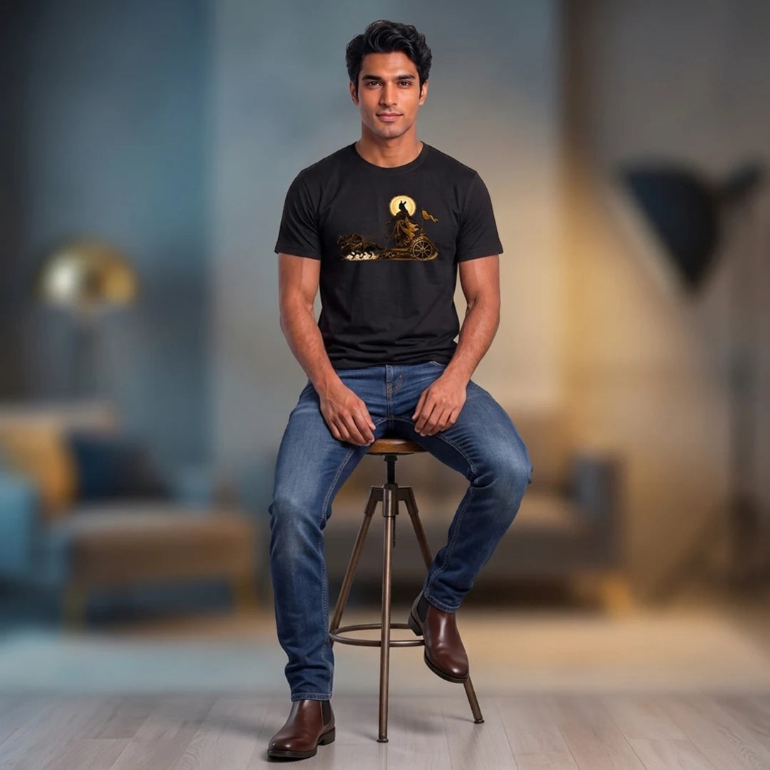 Men's Pure Cotton Regular Fit Lord Krishna Chariot Printed T-Shirt | 180 GSM Bio-Washed Bhagavad Gita Graphic Tee