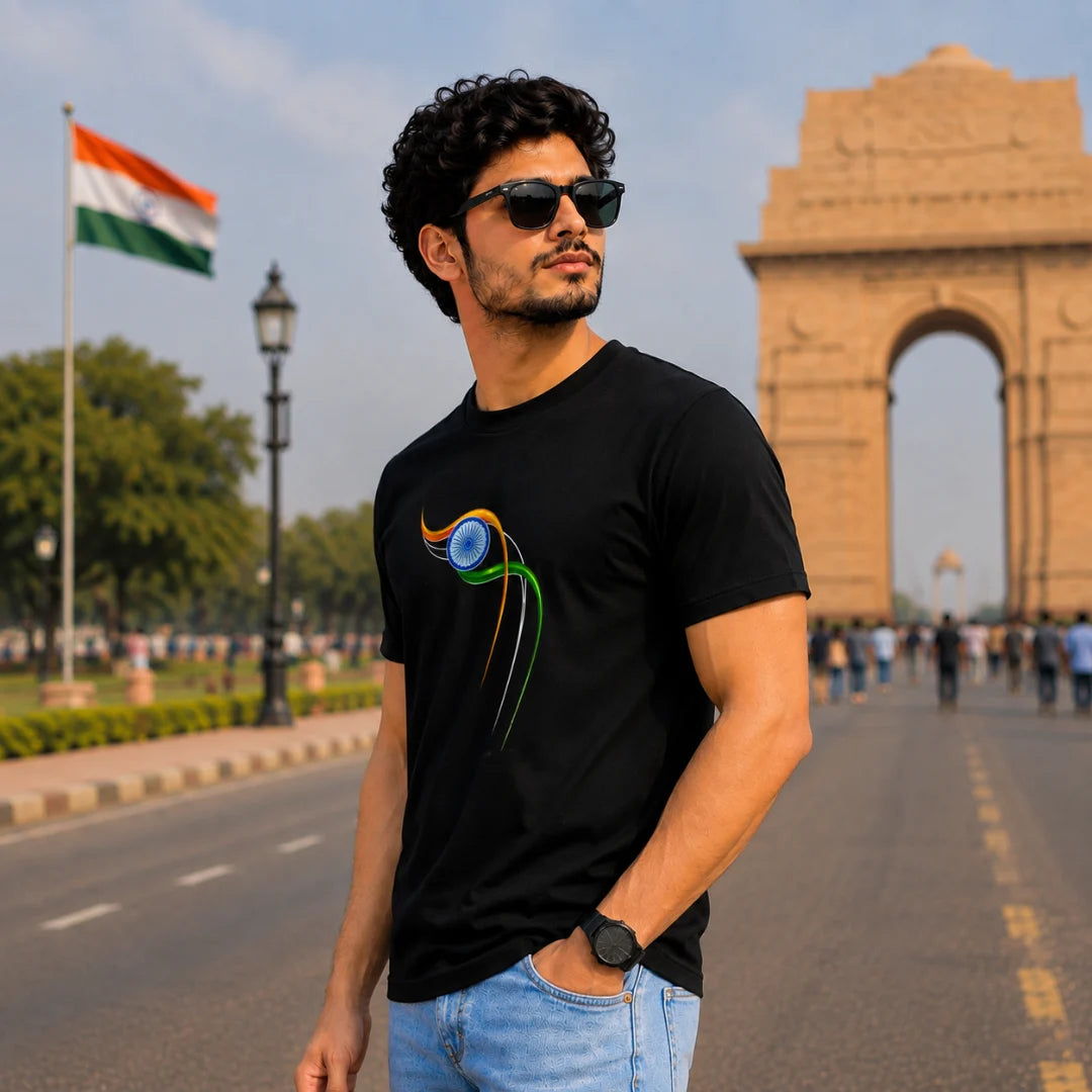 Excello Men's Patriotic Ashoka Chakra Graphic T-Shirt | 180 GSM Pure Cotton | Double Bio-Washed | Premium DTF Print