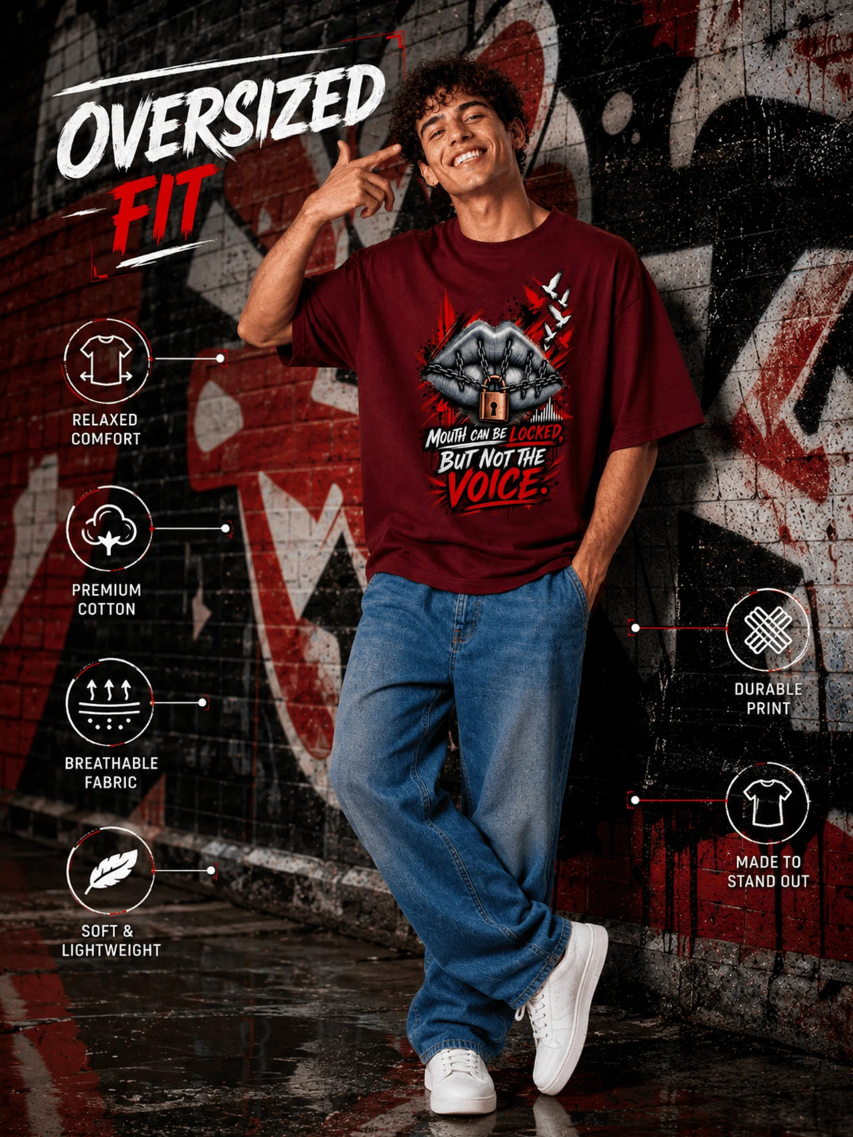 Excello Men's 'Unstoppable Voice' Typography Graphic Oversized T-Shirt | Maroon
