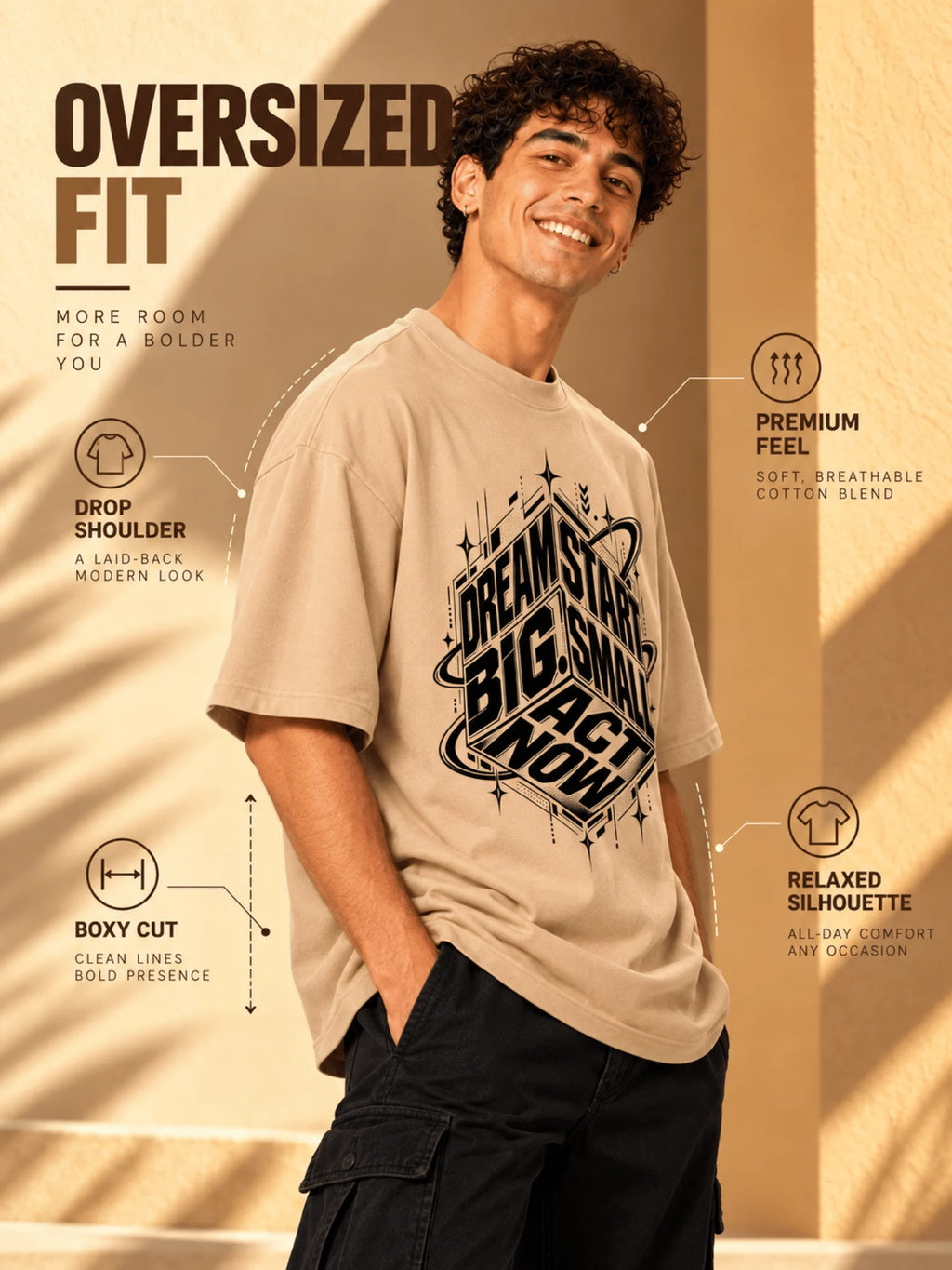 Excello Men's 'Dream Big' Motivational Graphic Oversized T-Shirt | Beige