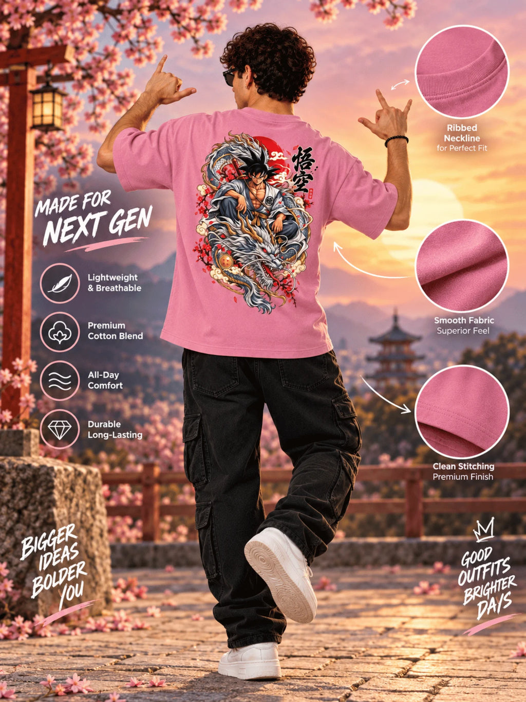 Excello Men's  Anime Dragon Graphic Oversized T-Shirt | Rose Pink
