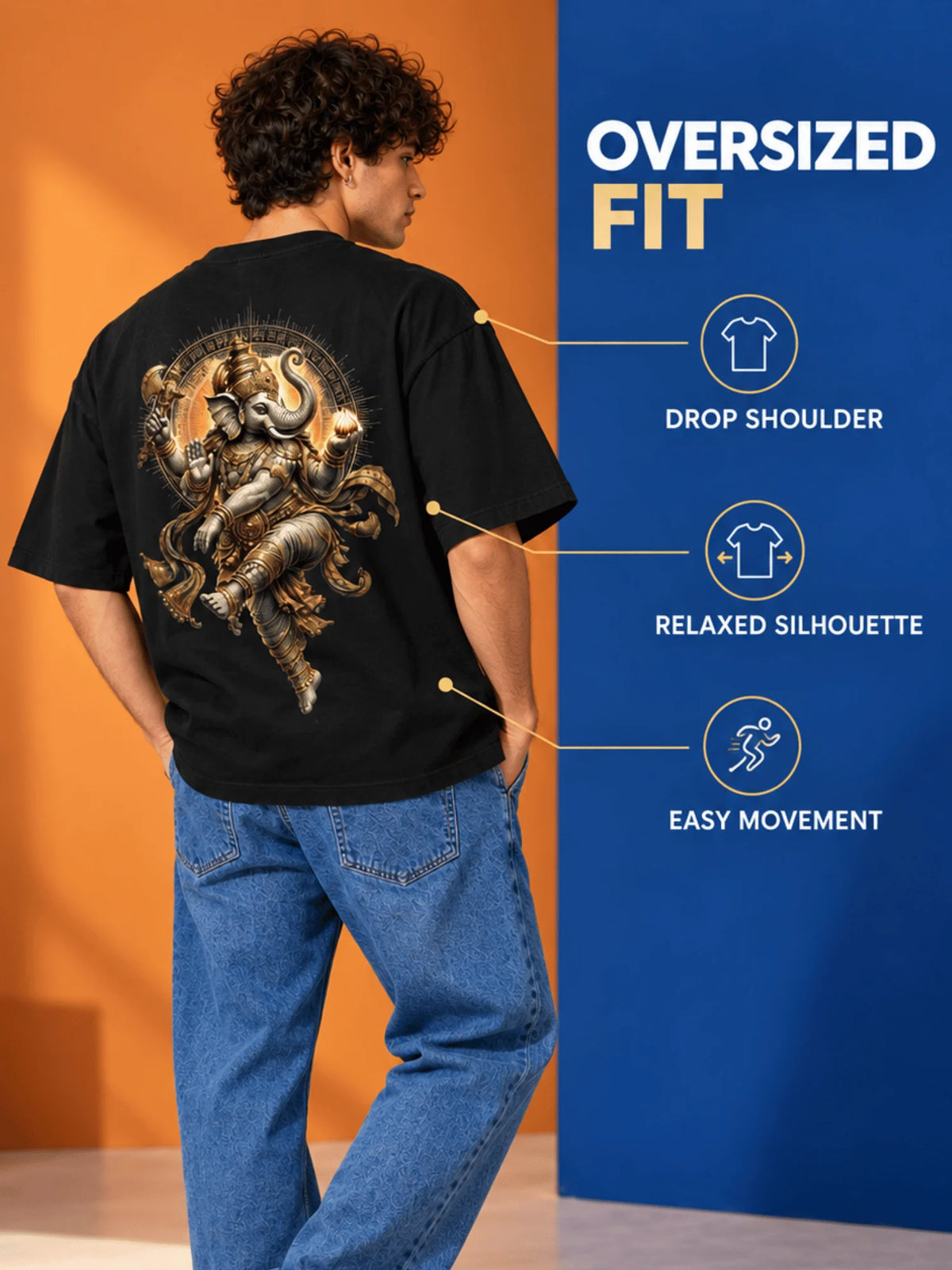 Excello Men's Dynamic Dancing Ganesha Graphic Oversized T-Shirt - 240 GSM Pure Cotton, Bio-Washed | Black
