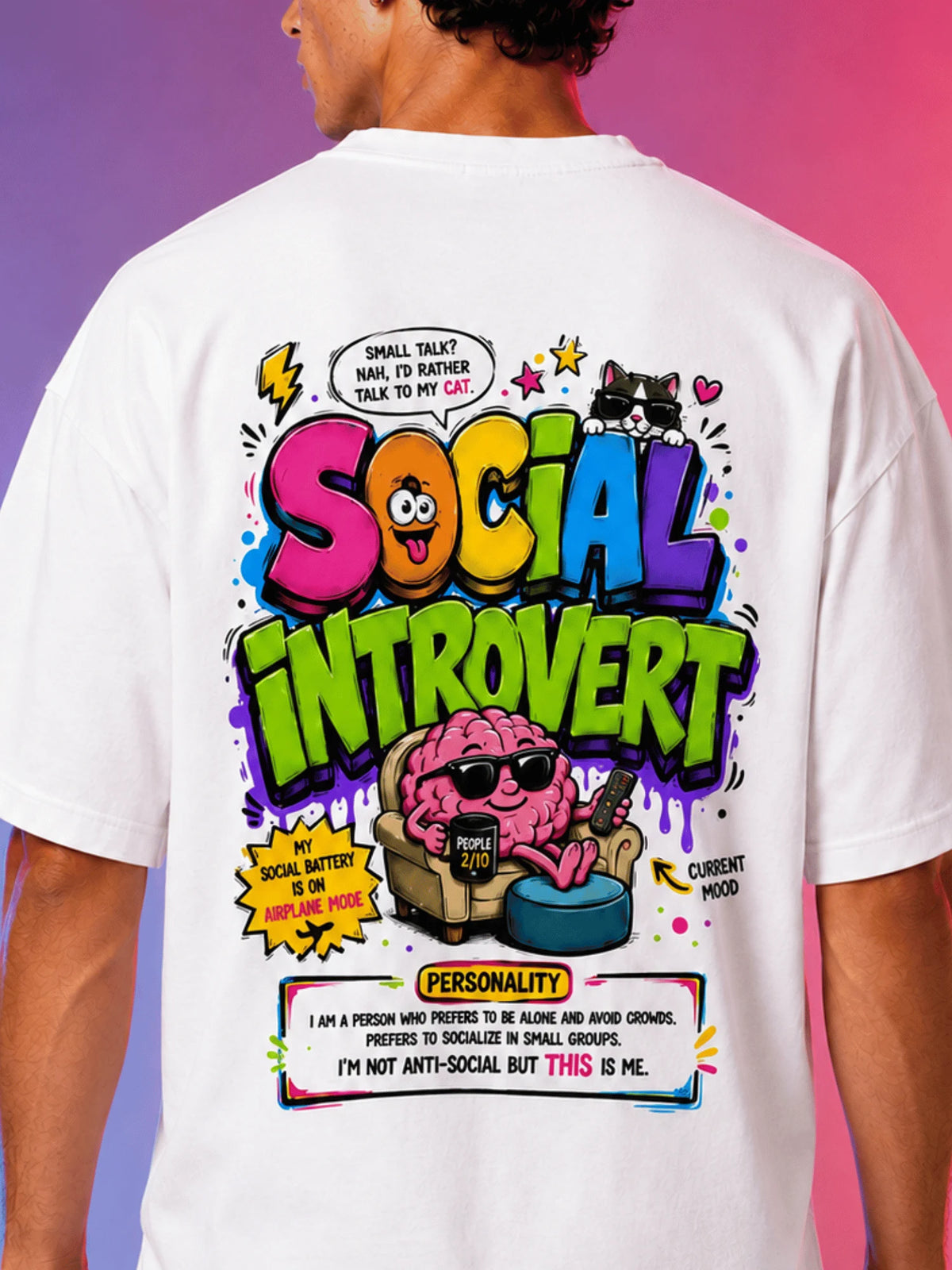 Excello Men's 'Social Introvert' Graphic Oversized T-Shirt | White