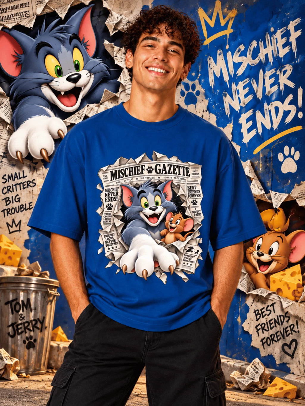Excello Men's Mischief Gazette Graphic Oversized T-Shirt - Premium Cotton | AirForce Blue
