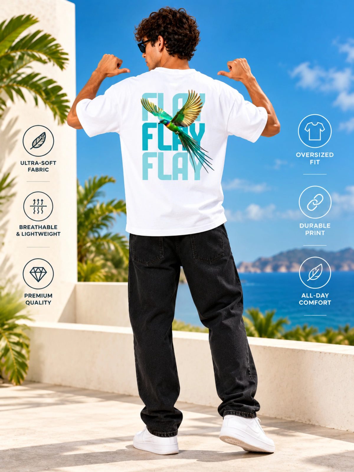 FLAY Men's Premium Oversized Graphic T-Shirt – 100% Rich Cotton, 240 GSM Heavyweight White Tee with Bird Back Print | White